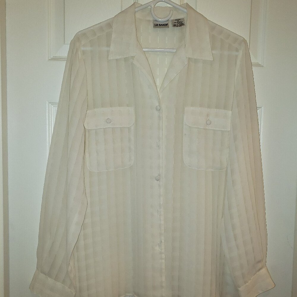 LIZ BAKER Womens Size 12 Cream Long Sleeved Sheer Fabric Button Front Blouse